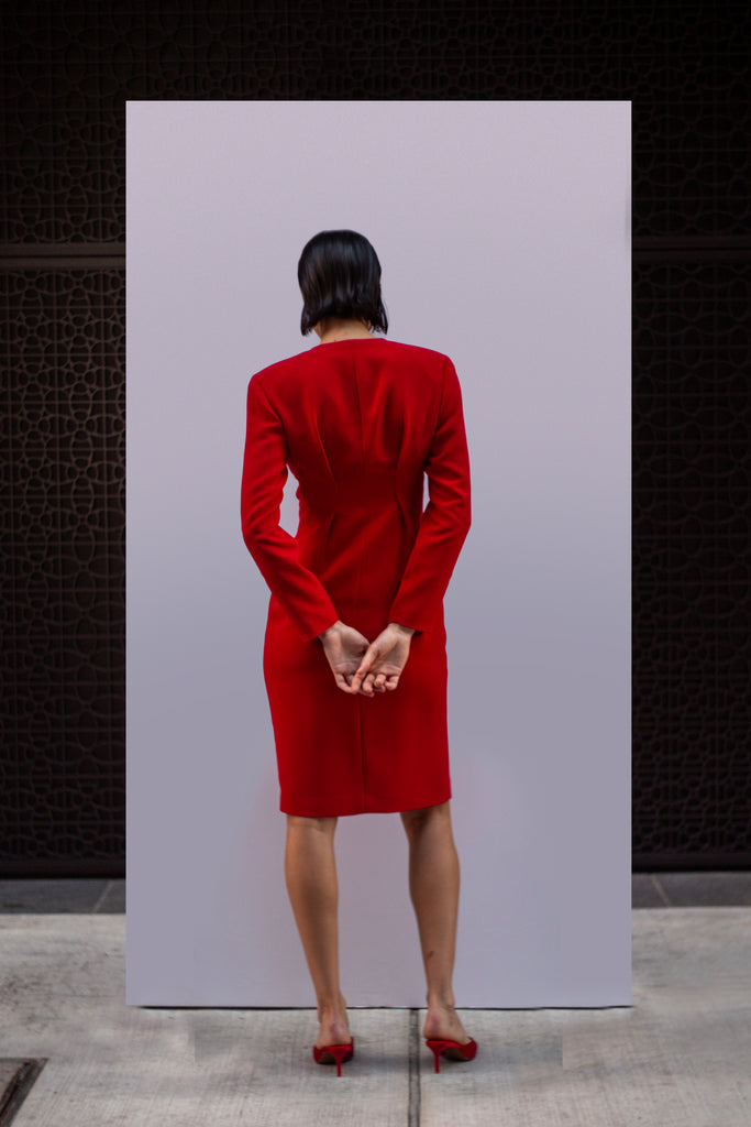 tailored dress, red dress, women's tailored dress, suit dress, blazer dress