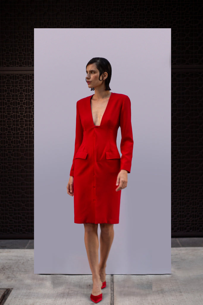 tailored dress, red dress, women's tailored dress, suit dress, blazer dress