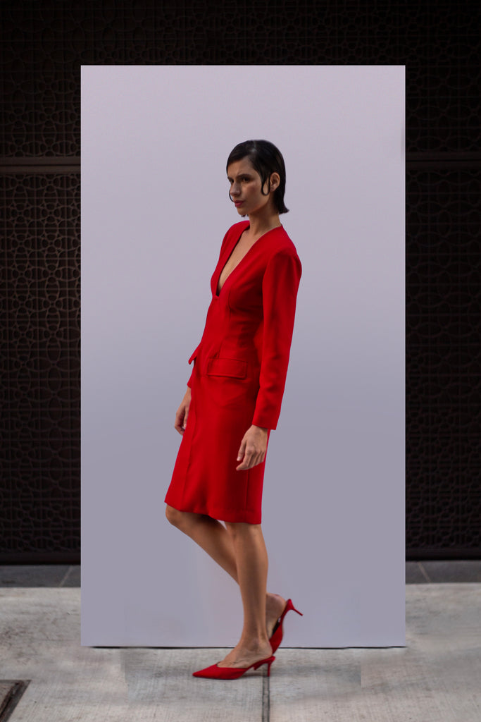 tailored dress, red dress, women's tailored dress, suit dress, blazer dress