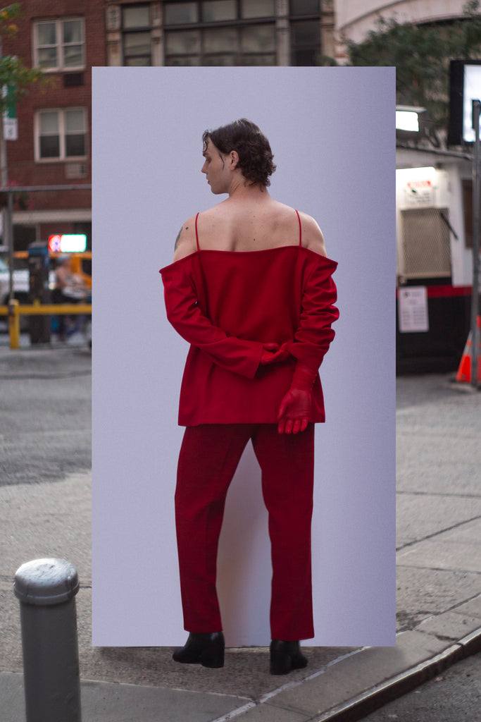 off-shoulder blazer jacket, off shoulder jacket, men's off shoulder blazer, genderless off-shoulder blazer, off-shoulder blazer