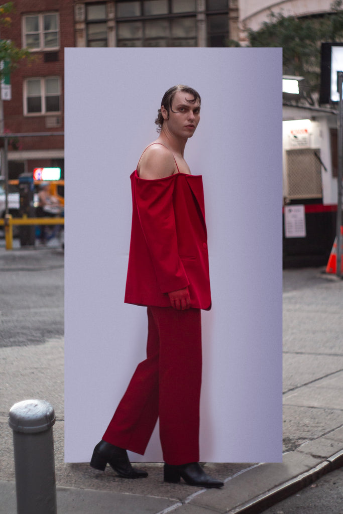 off-shoulder blazer jacket, off shoulder jacket, men's off shoulder blazer, genderless off-shoulder blazer, off-shoulder blazer